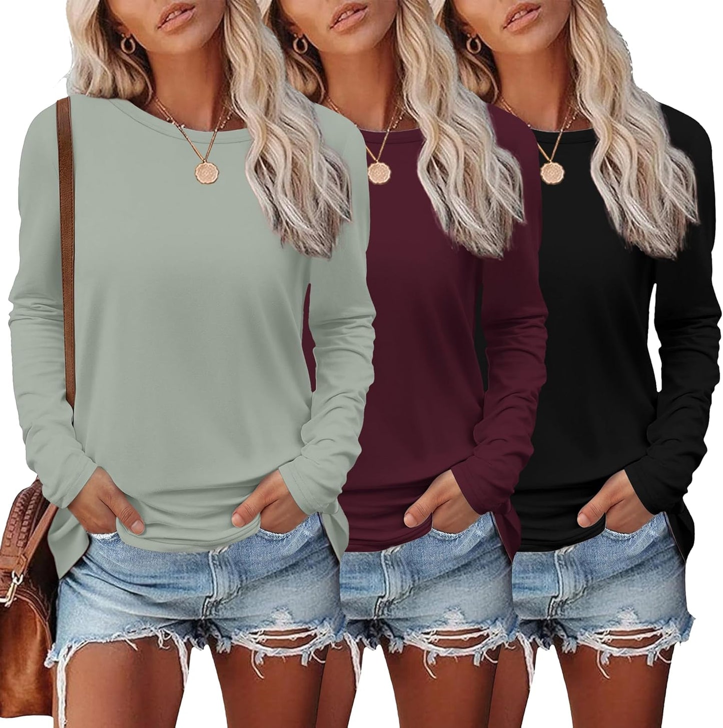 Ekouaer Womens Long Sleeve Shirts 3 Pack for Trendy Style