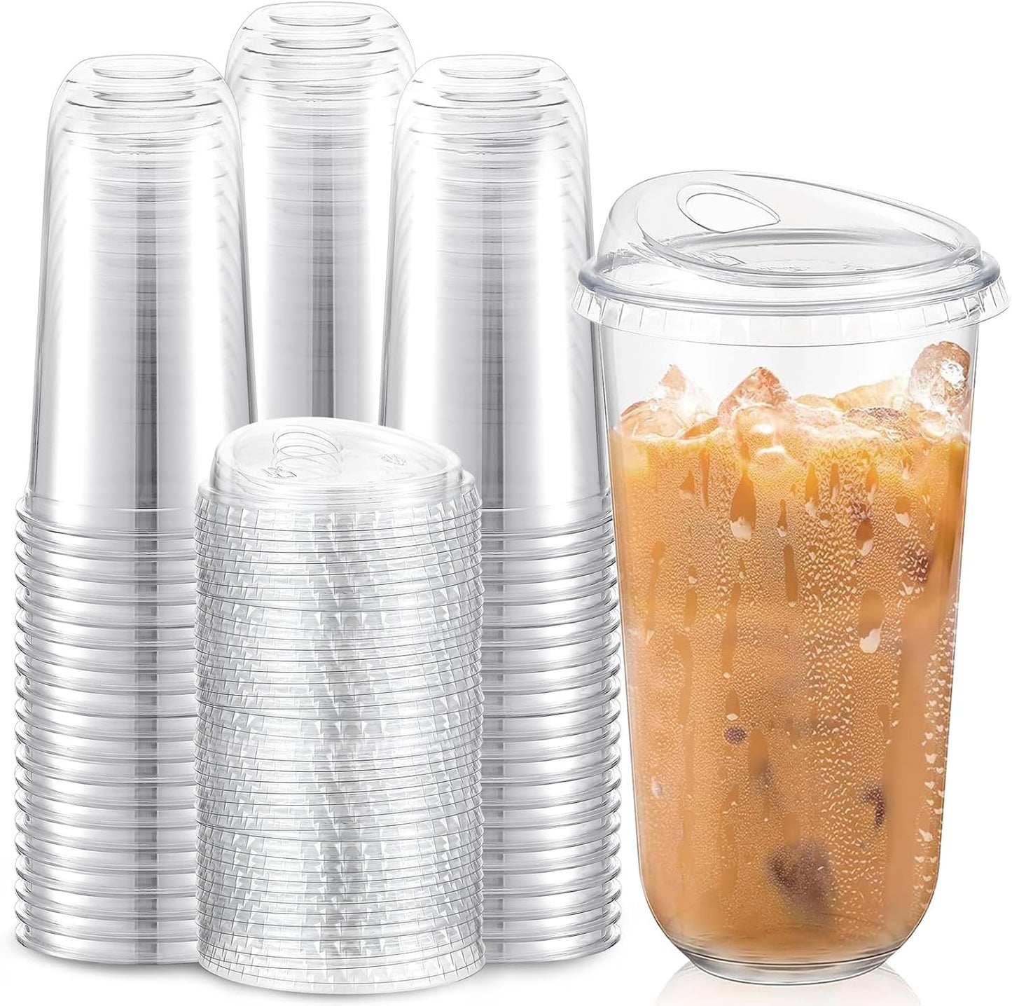 100 Pcs Plastic Cups with Sip Lids for Iced Coffee and Smoothies