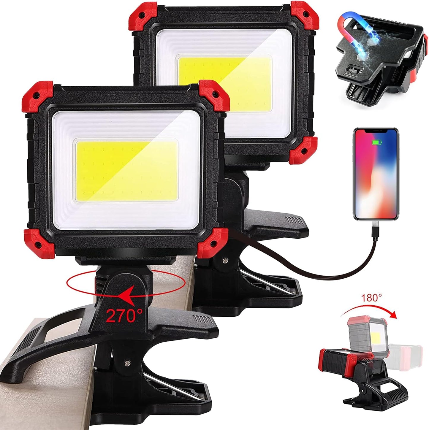 Yls 2pack LED Work Light - 2100LM Rechargeable Magnetic Clip