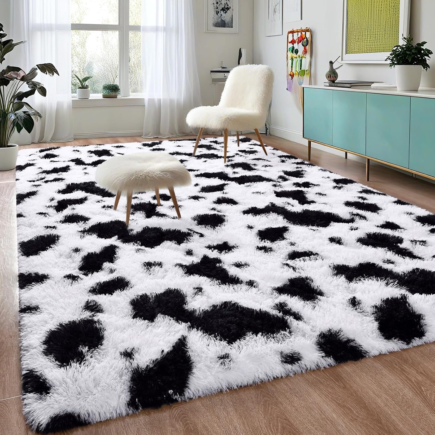 Fluffy Black White Rugs for Bedroom Living Room, 5x8 Feet Soft
