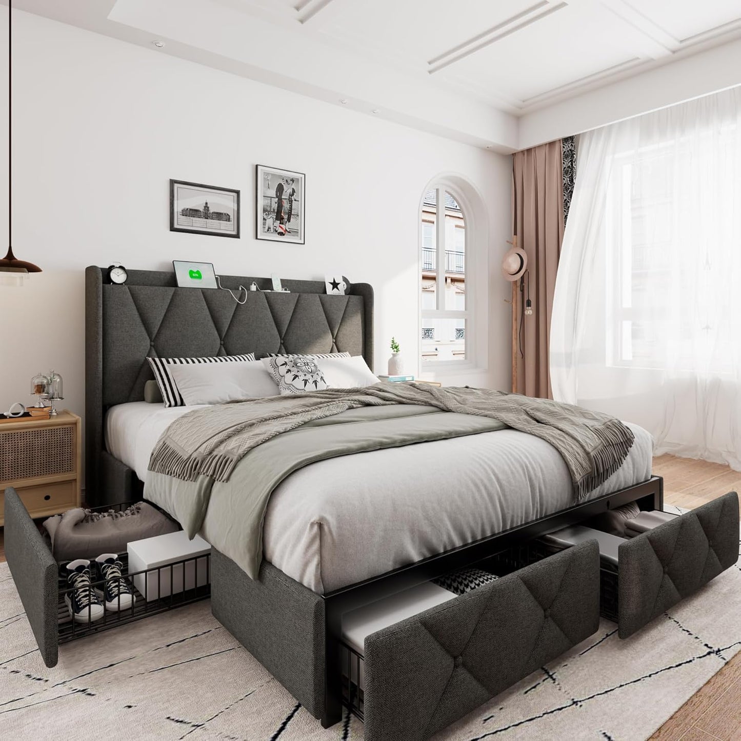 iPormis Queen Bed Frame with Storage Drawers and Charging Station