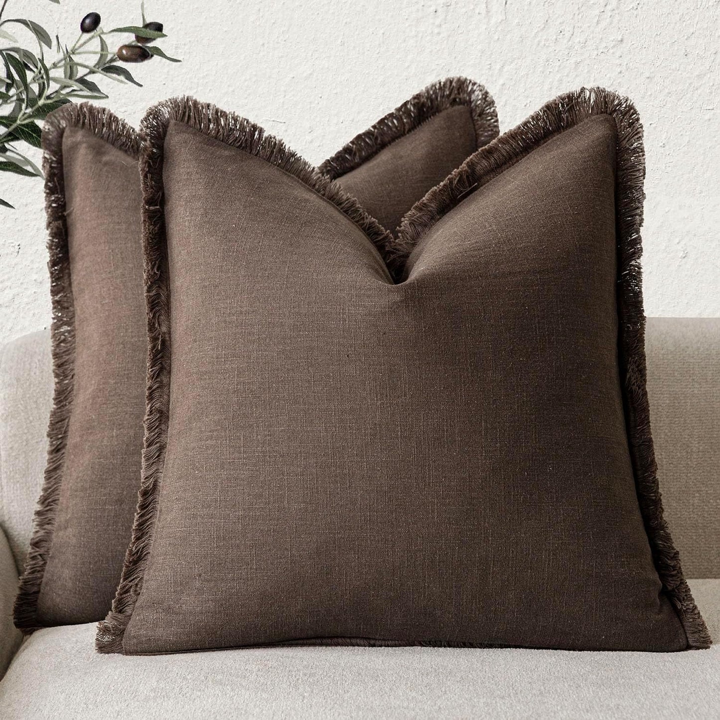 Set of 2 Decorative Linen Fringe Throw Pillow Covers Cozy Boho