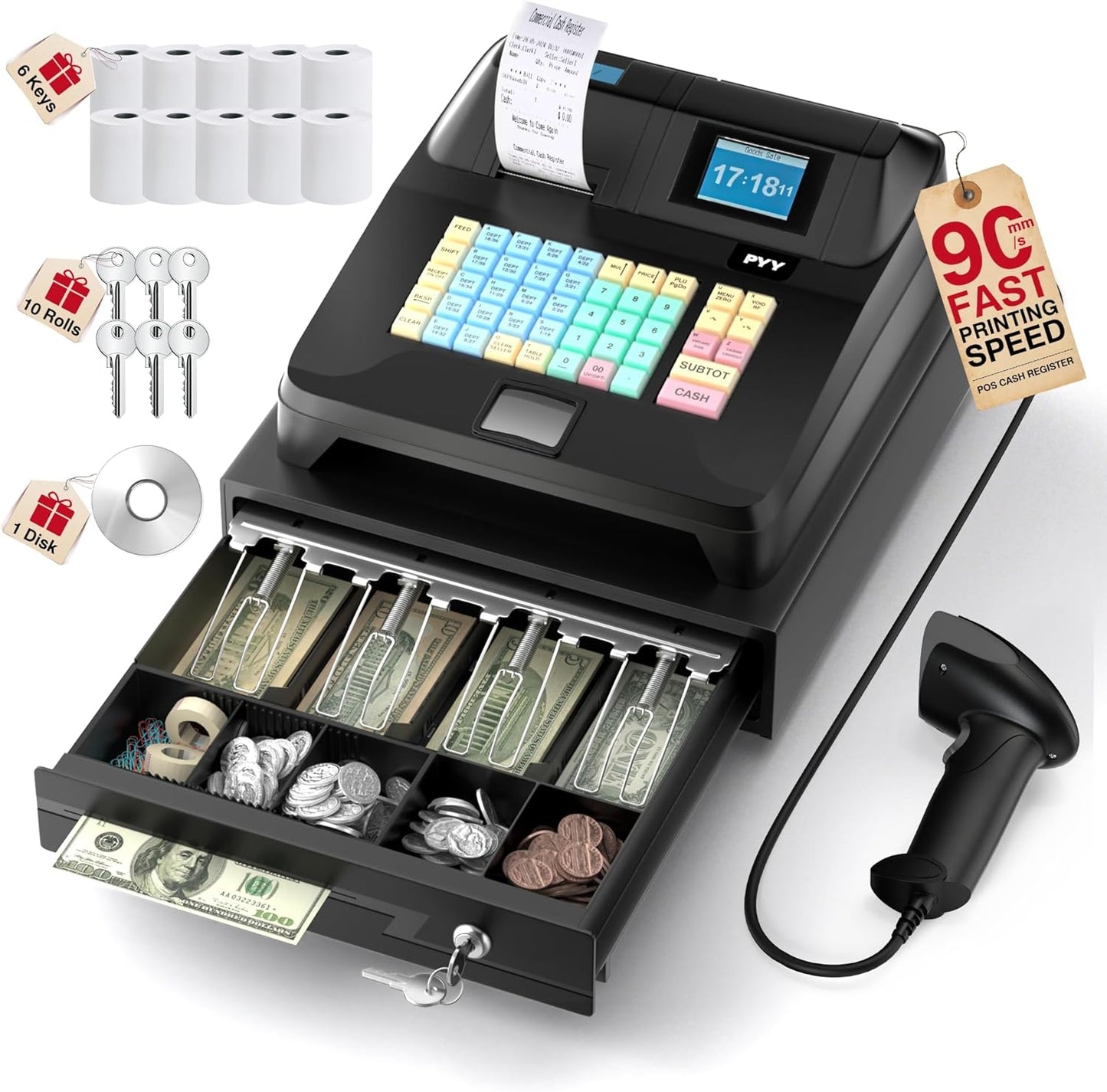 PYY Cash Register for Small Businesses with Scanner and Lock