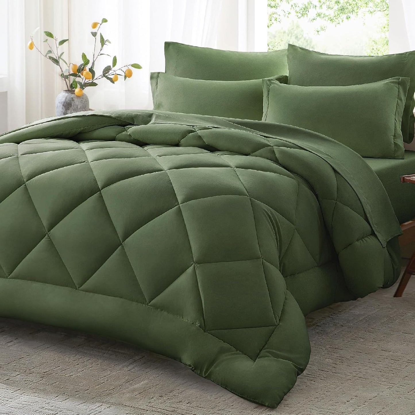Anluoer Queen Comforter Set - Olive Green 7 Piece Bedding Set
