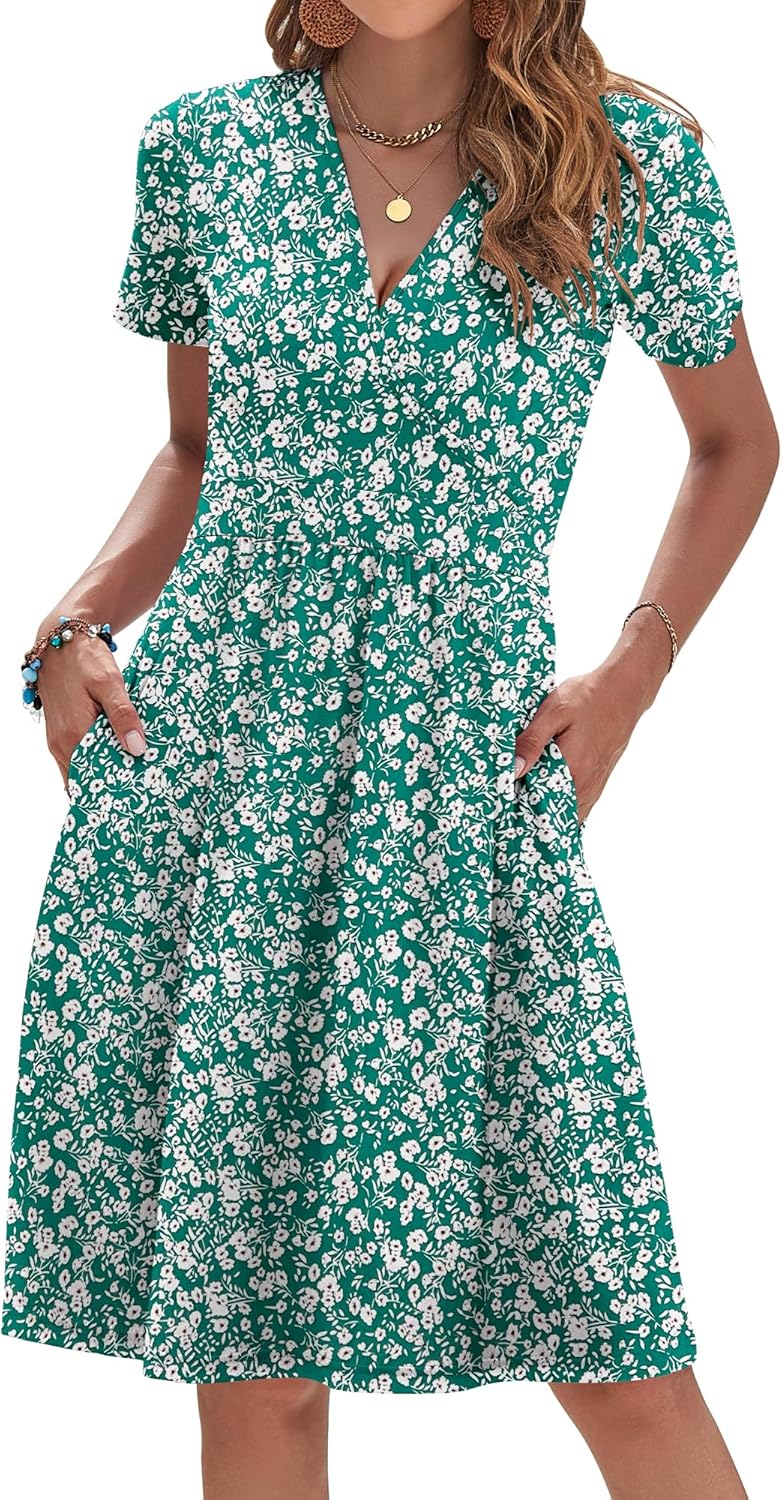 Womens Summer Dresses 2025 Short Sleeve V Neck Floral Sundress