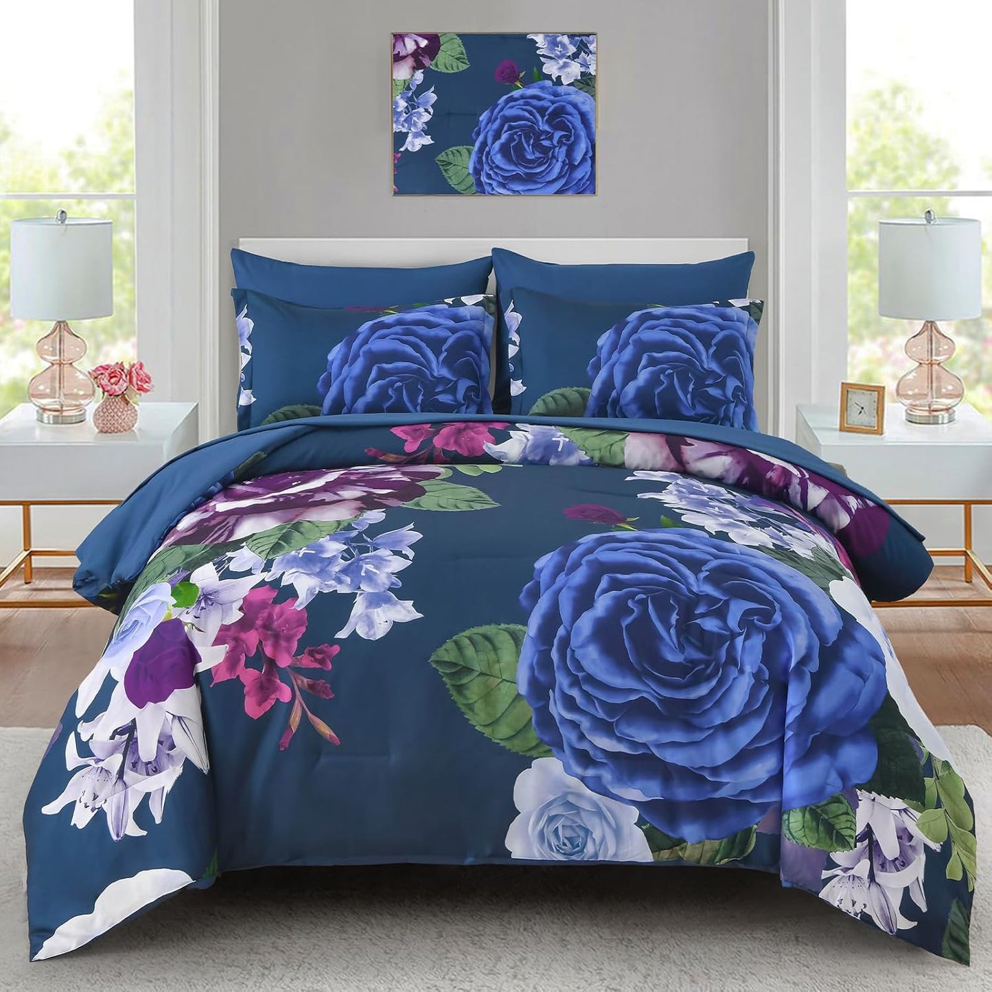 Drucon Blue Floral Comforter Set King - 7 Pieces Bedding Set