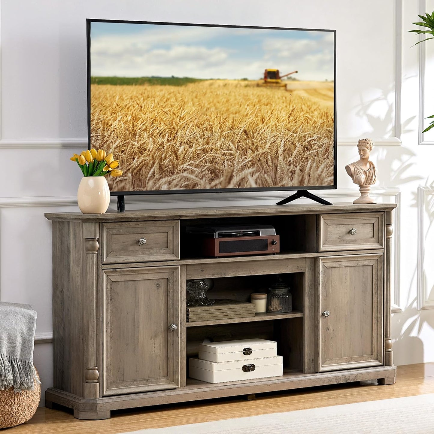 Farmhouse TV Stand - Spacious Storage & Stylish Design!