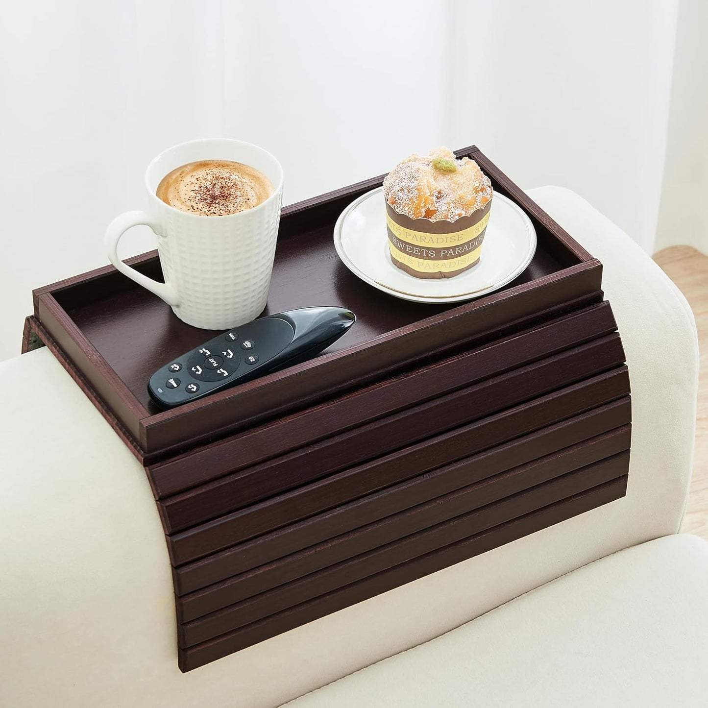 GEHE Bamboo Sofa Arm Tray: Foldable Couch Armrest Table