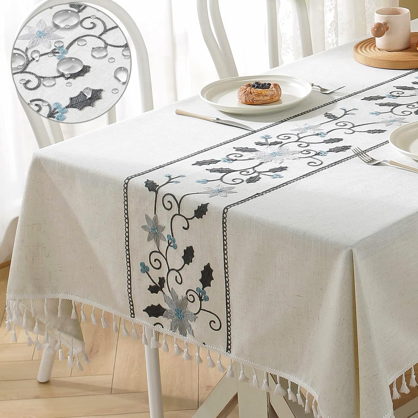 TEWENE Table Cloth - Water Resistant Linen Embroidery for Dining