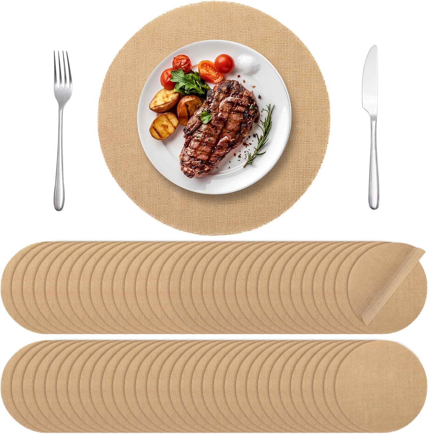 Round Burlap Placemats Set of 100 for Rustic Table Decor