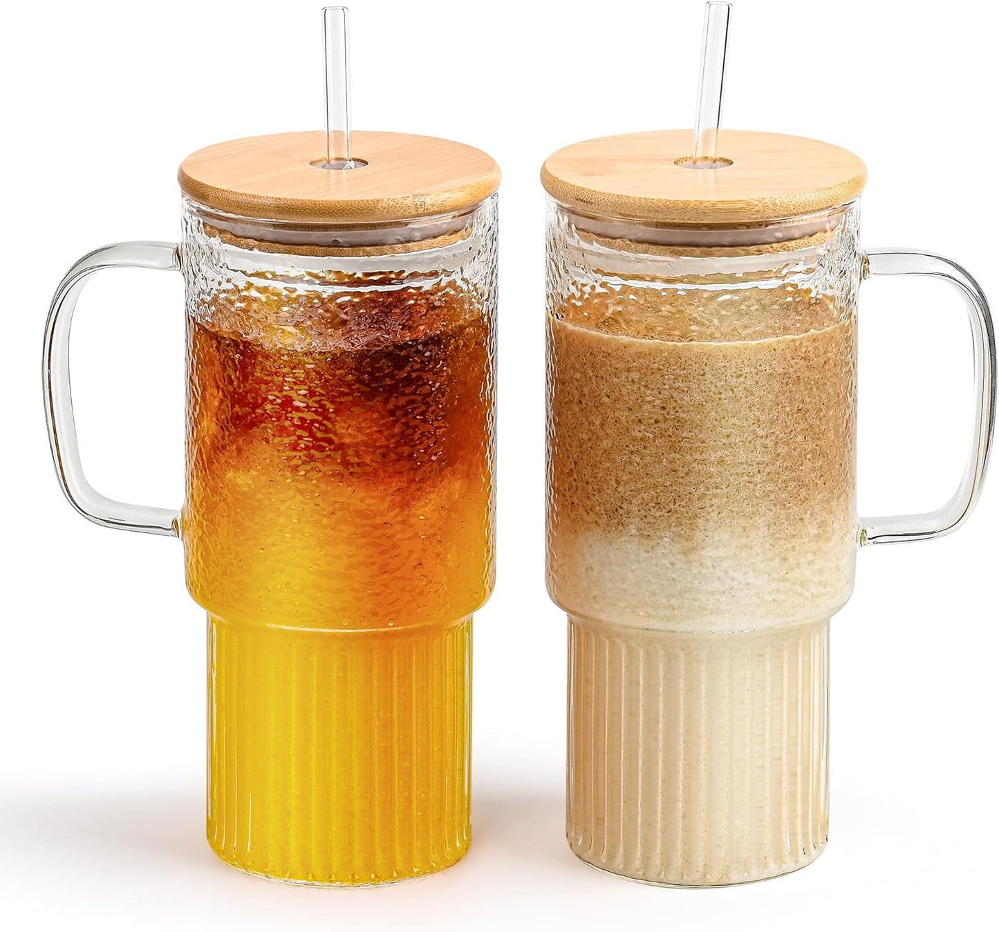 32oz Glass Cups with Handle and Bamboo Lids for Drinks