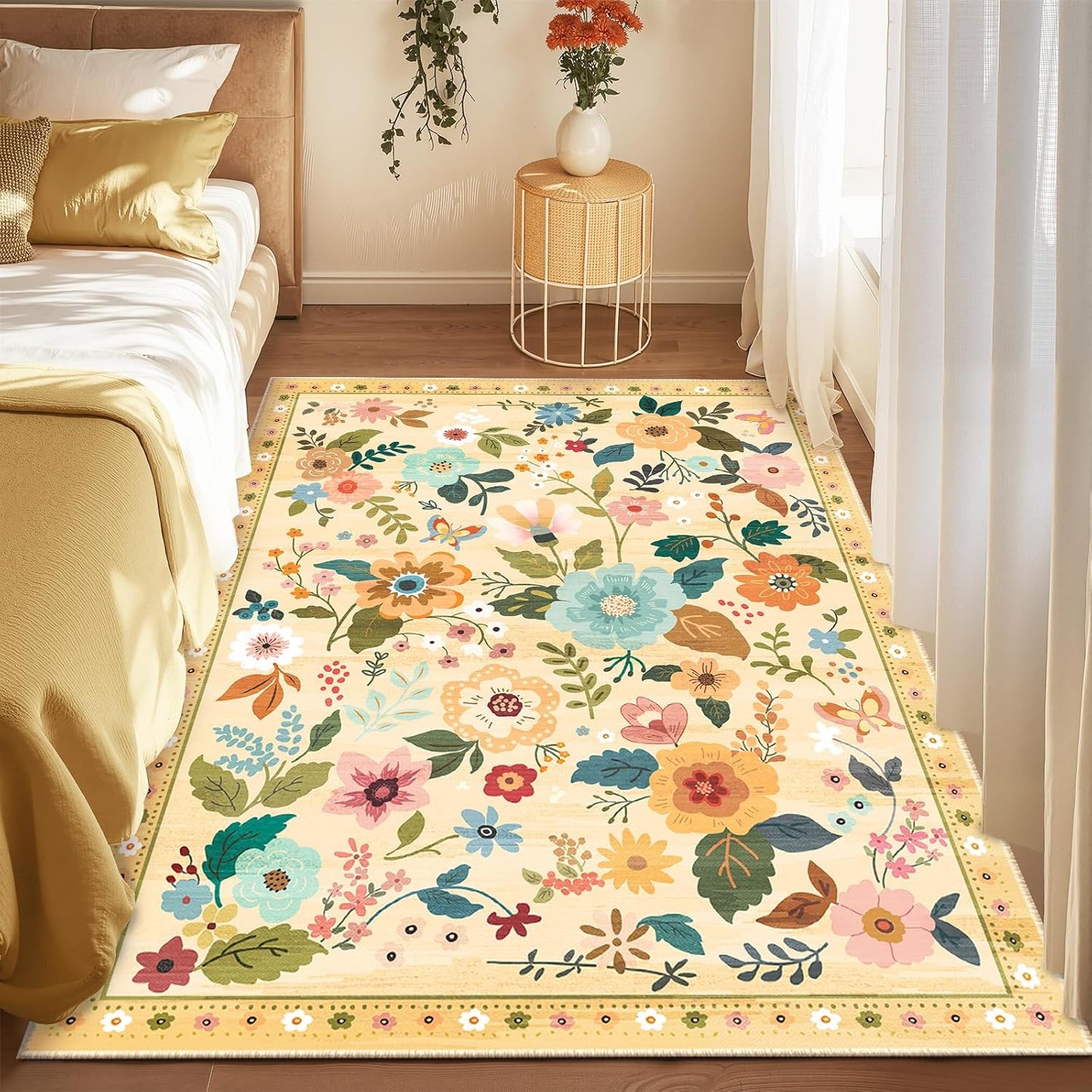 Floral 4x6 Area Rug Soft Print Boho Carpet Non Slip Doormat