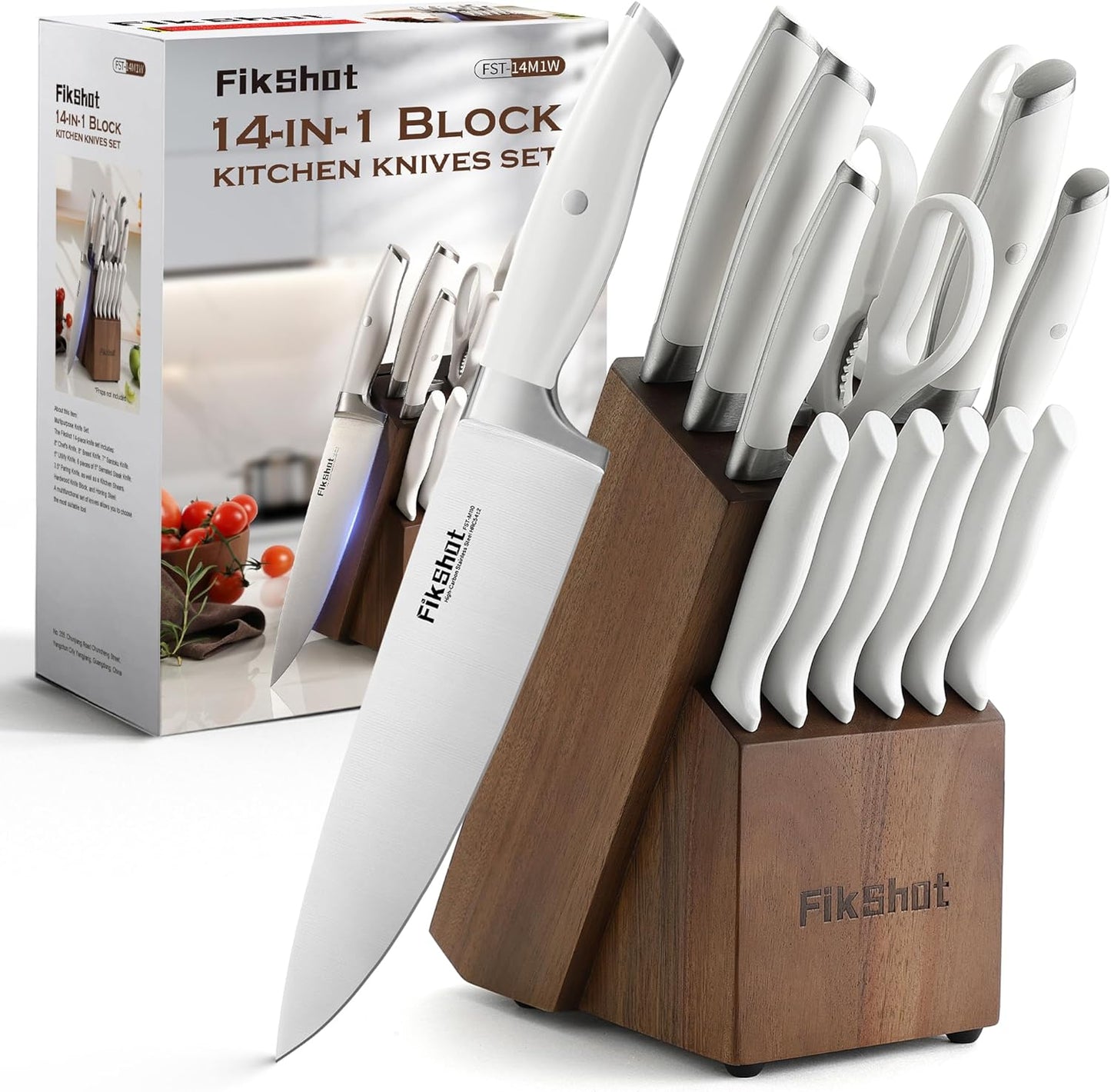 FIKSHOT 14PCS Kitchen Knife Set with Block for Professional Chefs