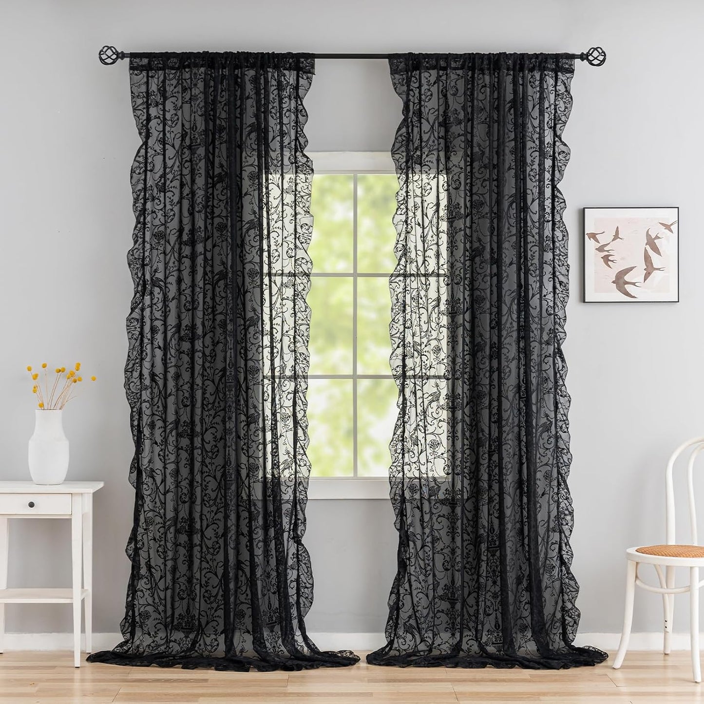 Black Floral Curtains 2 Panels for Living Room and Bedroom