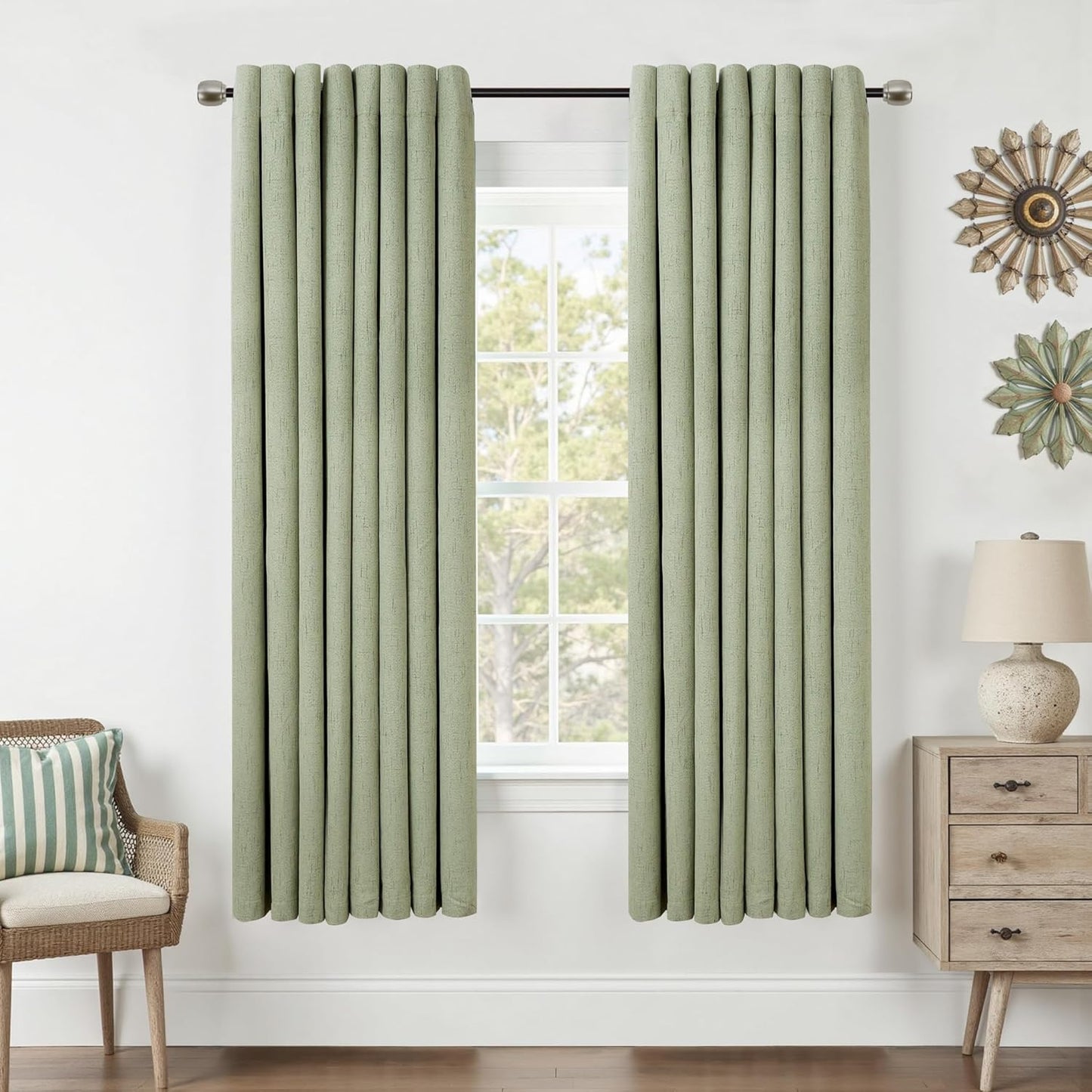Mrs.Naturall Light Sage Grommet Linen Blackout Curtains 52x63