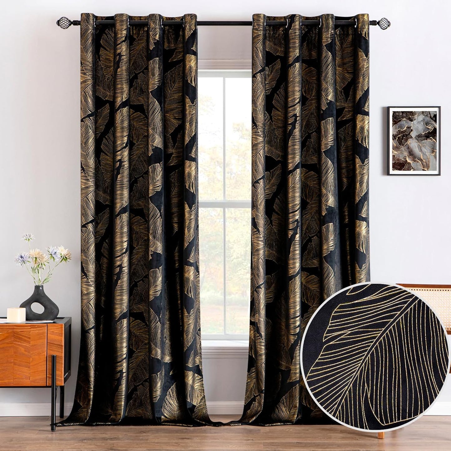 MIULEE Gold Leaf Pattern Blackout Curtains