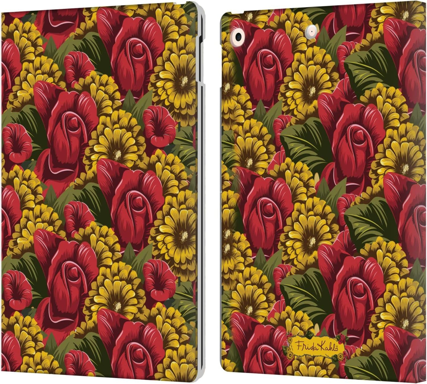 Frida Kahlo Pattern Red Florals Leather Wallet Case for iPad