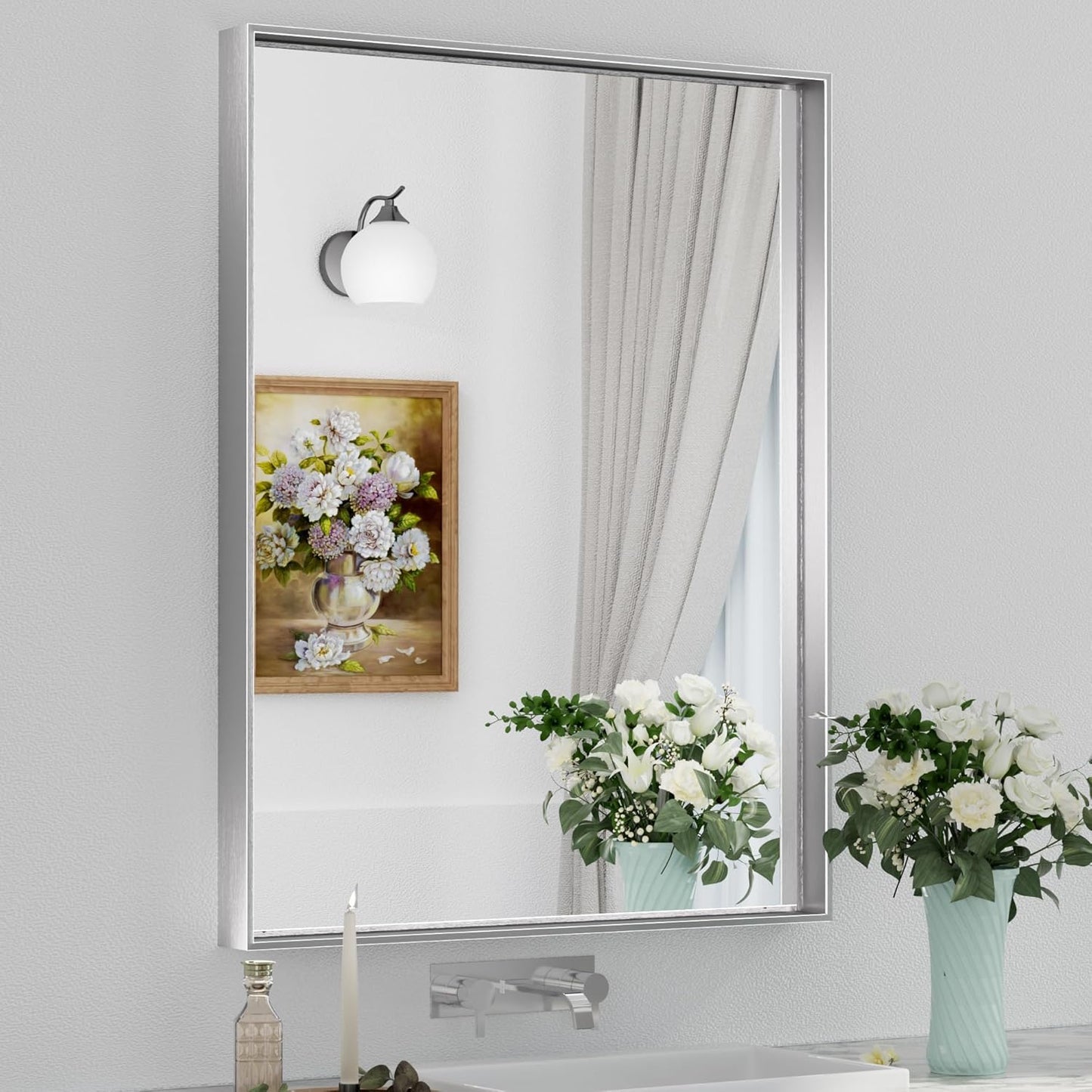 Brushed Silver Bathroom Mirror 28 x 36 Inch for Modern Decor