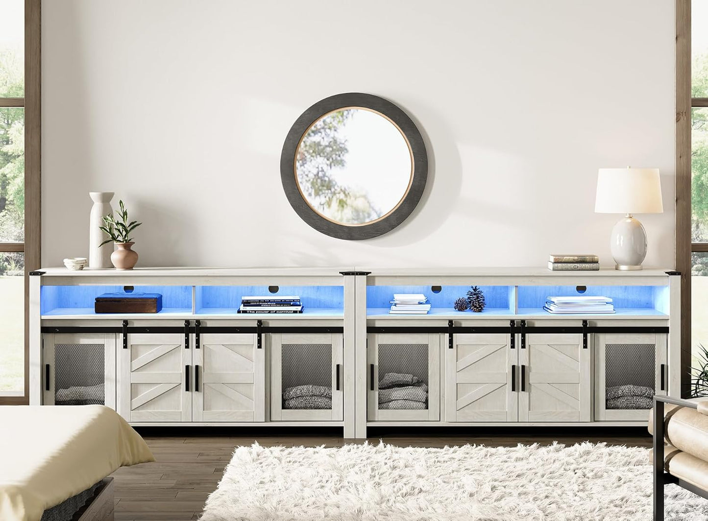WAMPAT Farmhouse TV Stand Duo, Extra Wide & High w/ Blue LED Lights