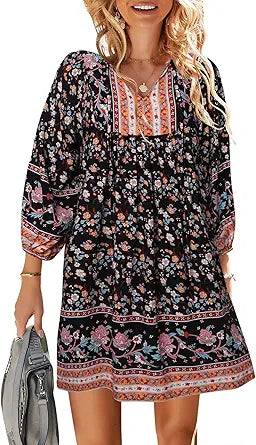 TEMOFON Women's Boho Mini Dress: Floral V Neck Casual Beachwear