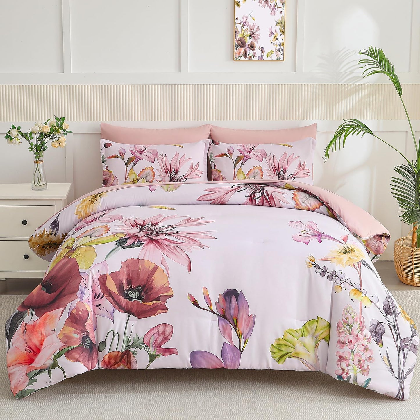 Yogeneg Queen Comforter Set 7 Piece Bedding with Floral Design