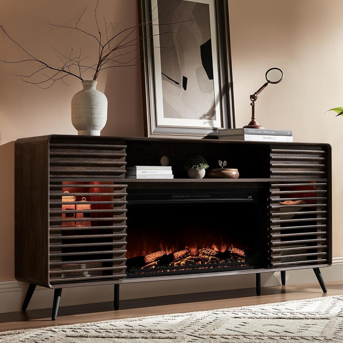 Mid Century Modern TV Stand with Electric Fireplace