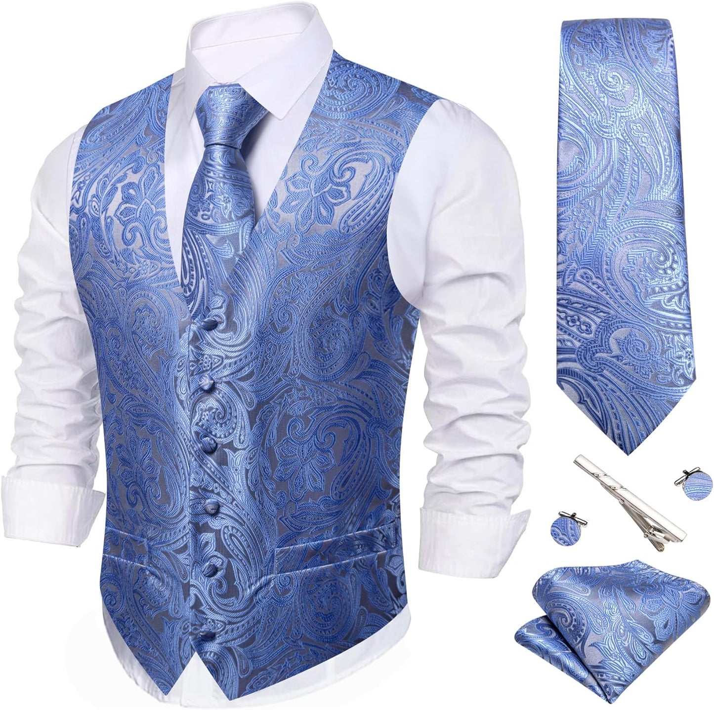 Barry.Wang Men's Suit Vest Set with Tie and Pocket Square