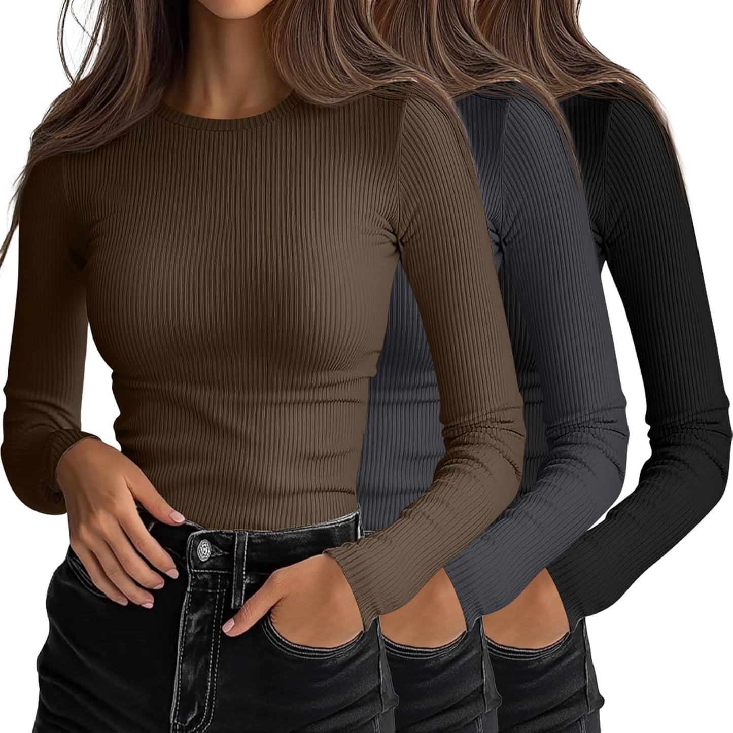 Ficerd Women's Ribbed Long Sleeve Tops for Casual Layering