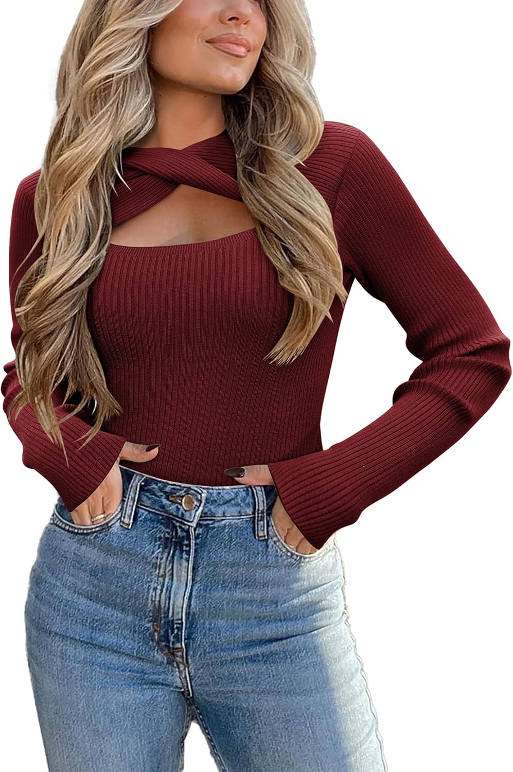 Trendy Long Sleeve Knit Pullover Cutout Sweater for Women