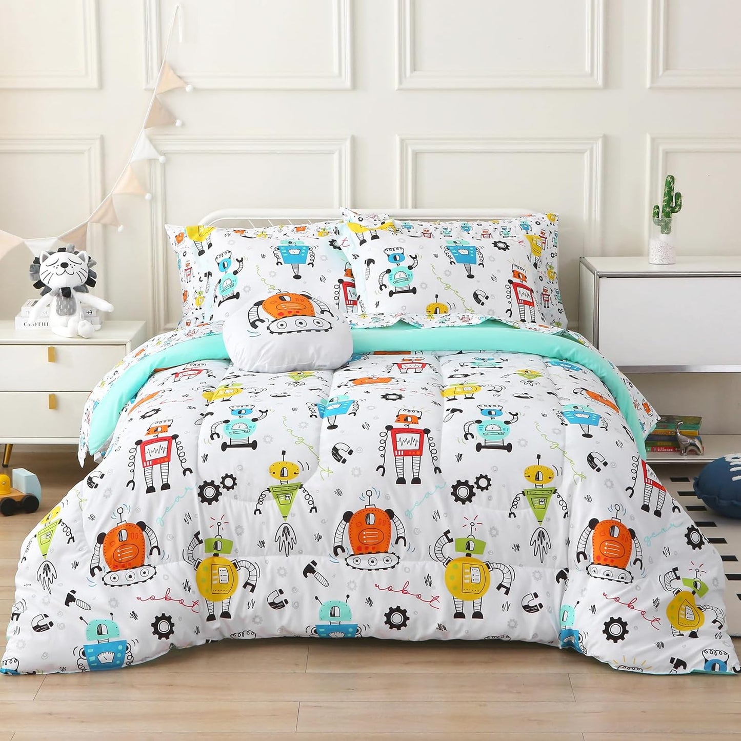 Mooreeke Twin Size Comforter Set for Boys with Robot Design