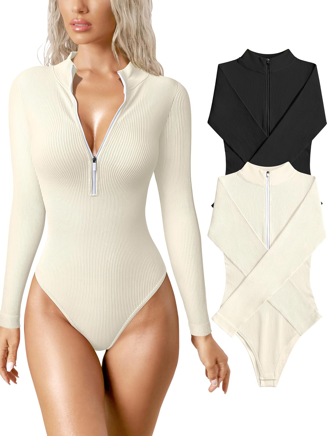 OQQ Women's 2 Piece Bodysuits with Sexy Zip Front Design