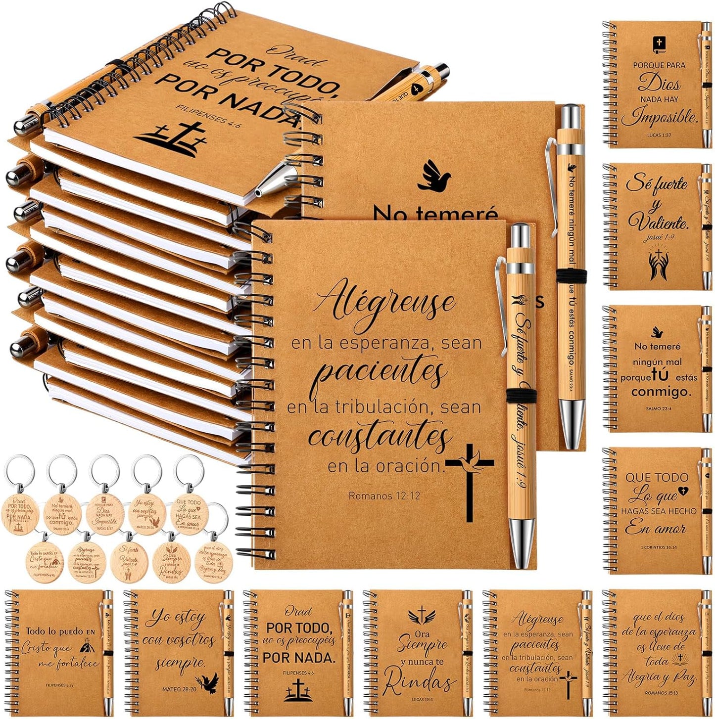 180-Pc Spanish Christian Gift Set with Bamboo Pens & Keychains