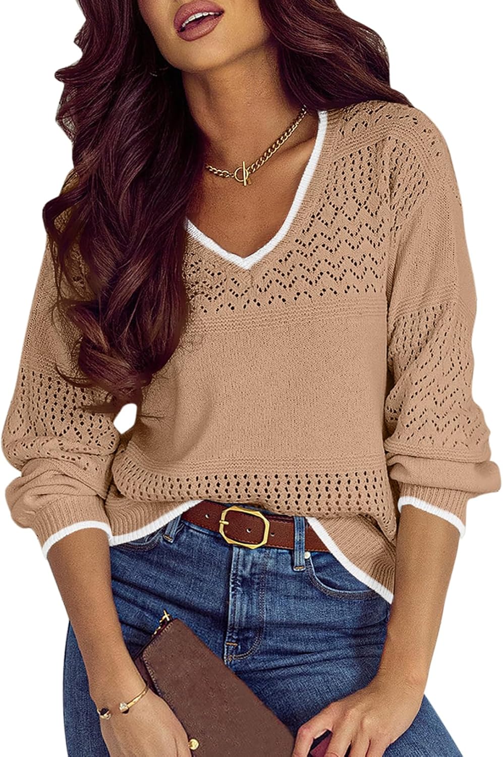 SHEWIN Women's Lightweight Crochet Pullover Sweater for Casual Wear
