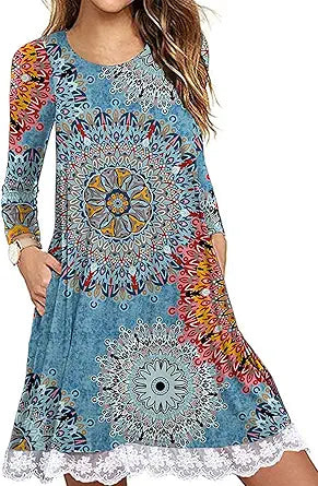Halife Women's Summer Fall Lace Hem T-Shirt Dress with Pockets