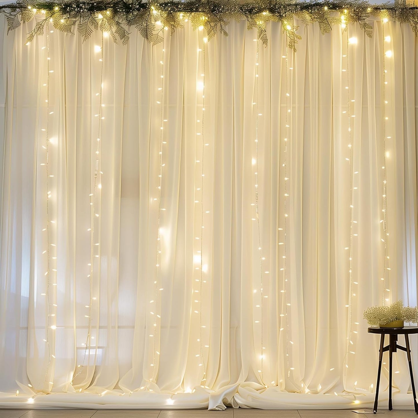 10ft x 10ft Beige Chiffon Backdrop Curtain with Lights for Events