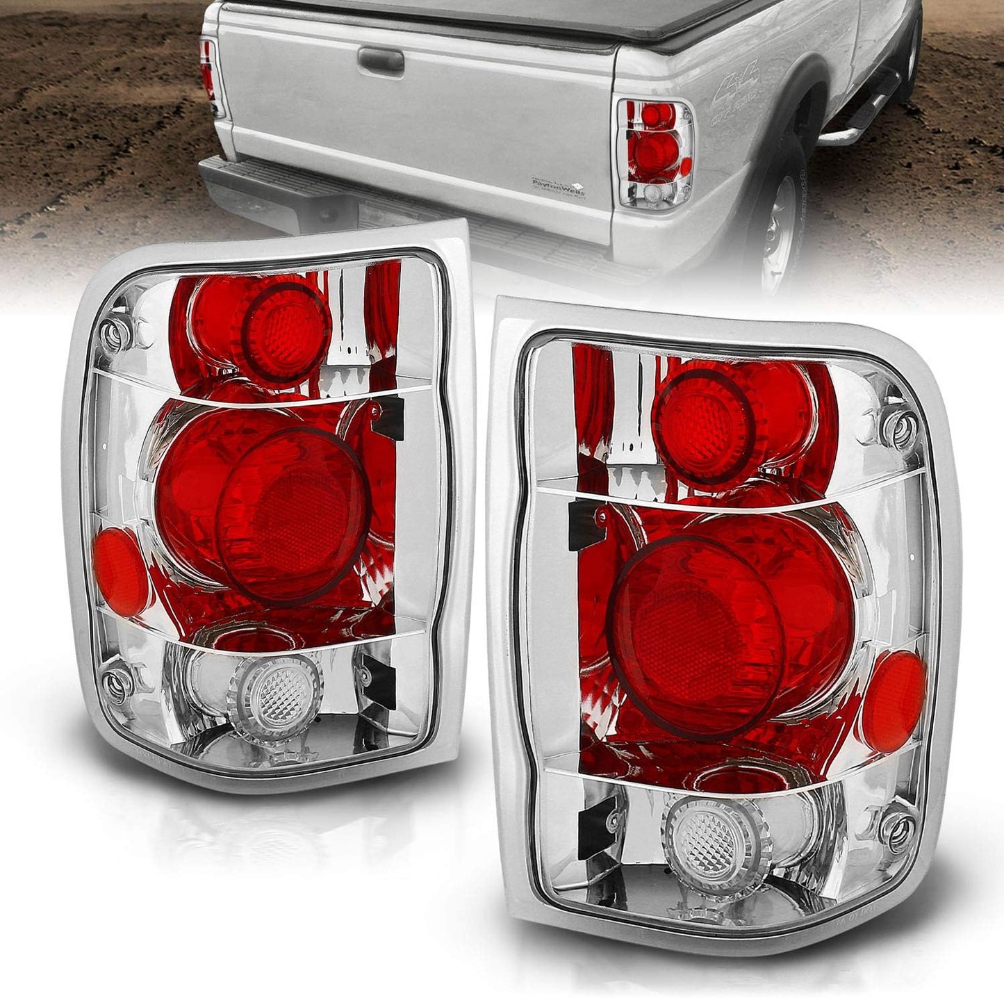 AmeriLite Chrome Replacement Brake Tail Lights Set for Ford Ranger