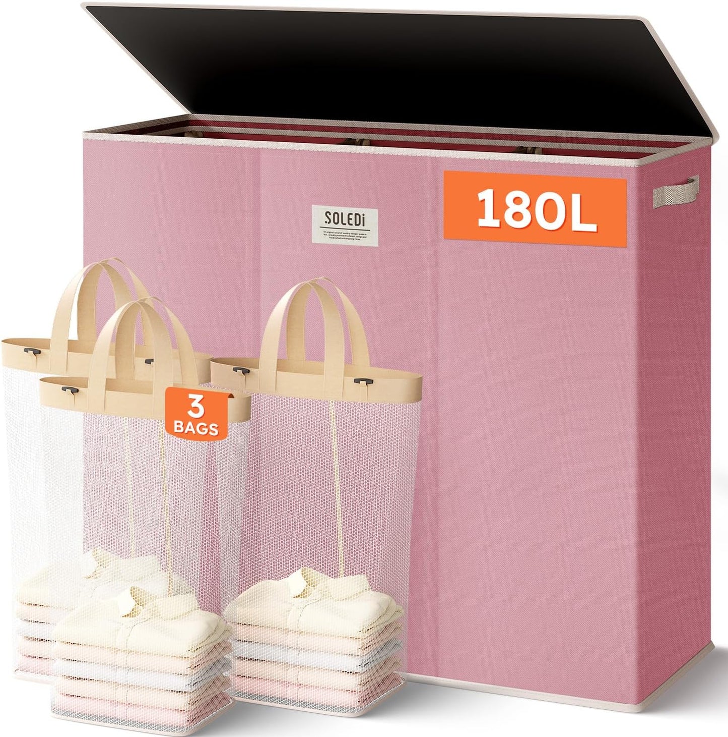 SOLEDI 180L 3-Section Laundry Hamper with Lid for Easy Sorting