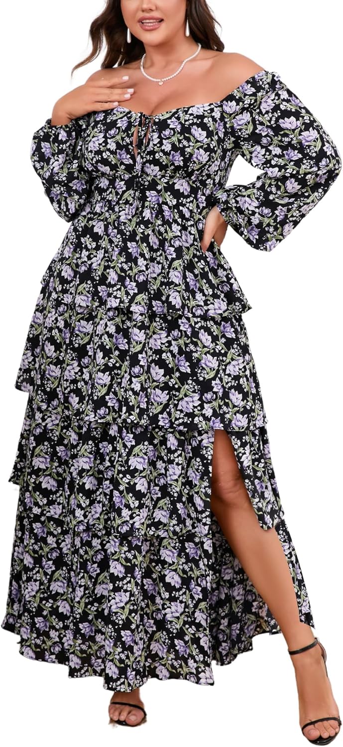 Womens Plus Size Floral Tiered Ruffle Long Sleeve Dress