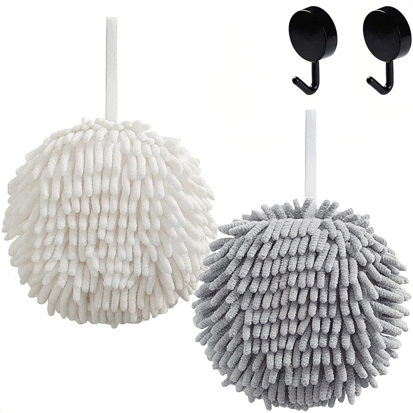 Fast-Drying Fuzzy Ball Hand Towels Set - Soft Microfiber Chenille, Decorative Hooks