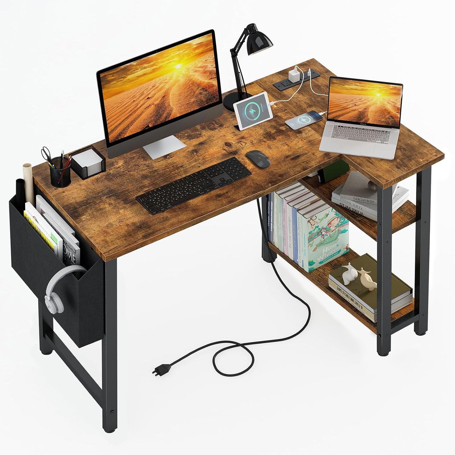 Lufeiya Small L Desk with Power Outlet - Space-Saving Home Office Solution