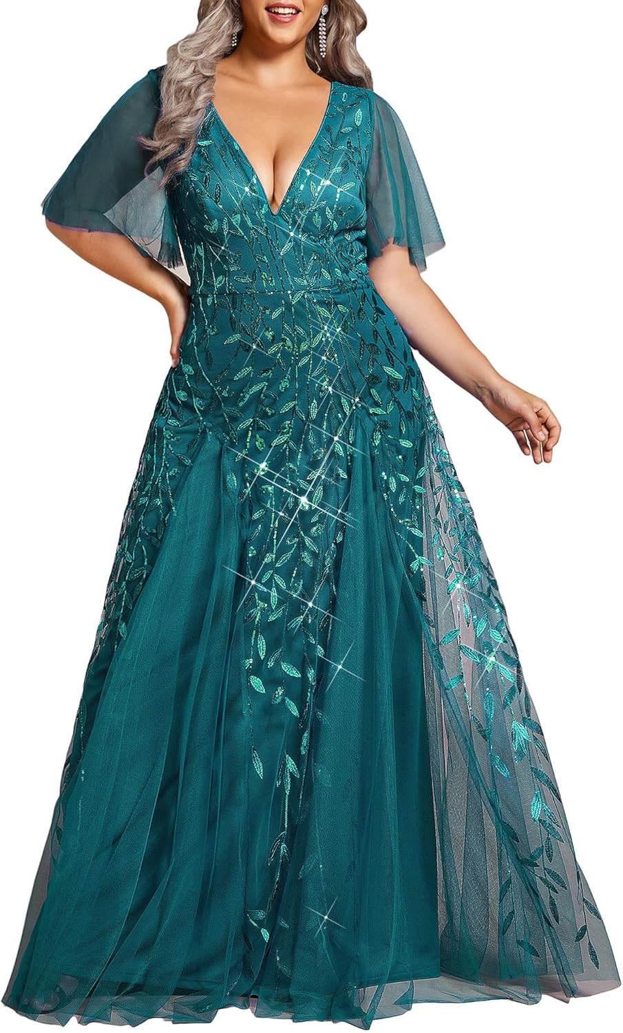 Plus Size V-Neck Sequin Embroidery A Line Evening Dress