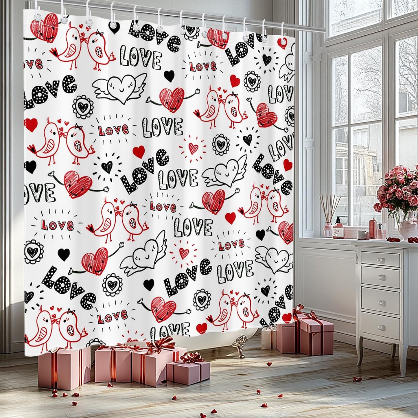 Valentine's Doodle Heart Shower Curtain