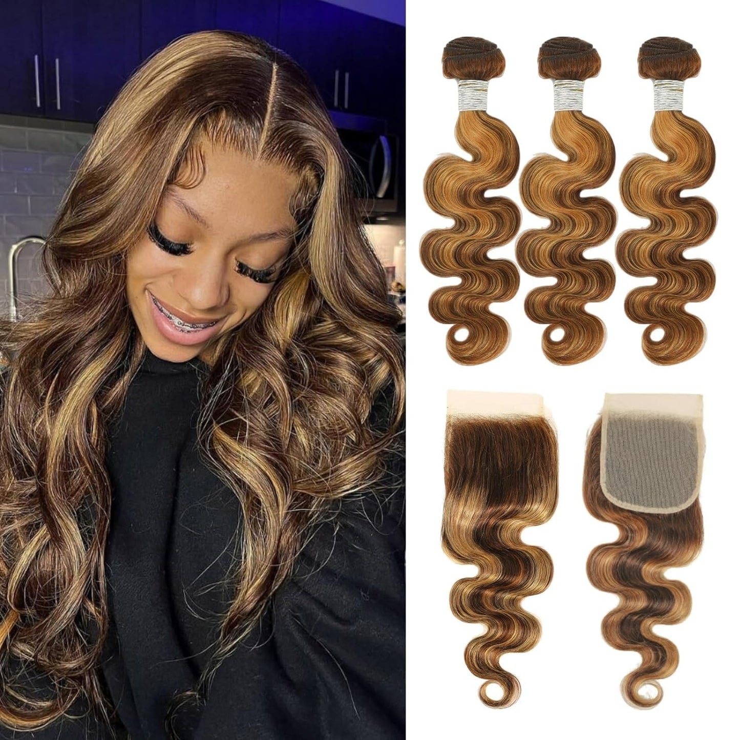 P4/27 Honey Blonde Highlight Body Wave Bundles with Closure