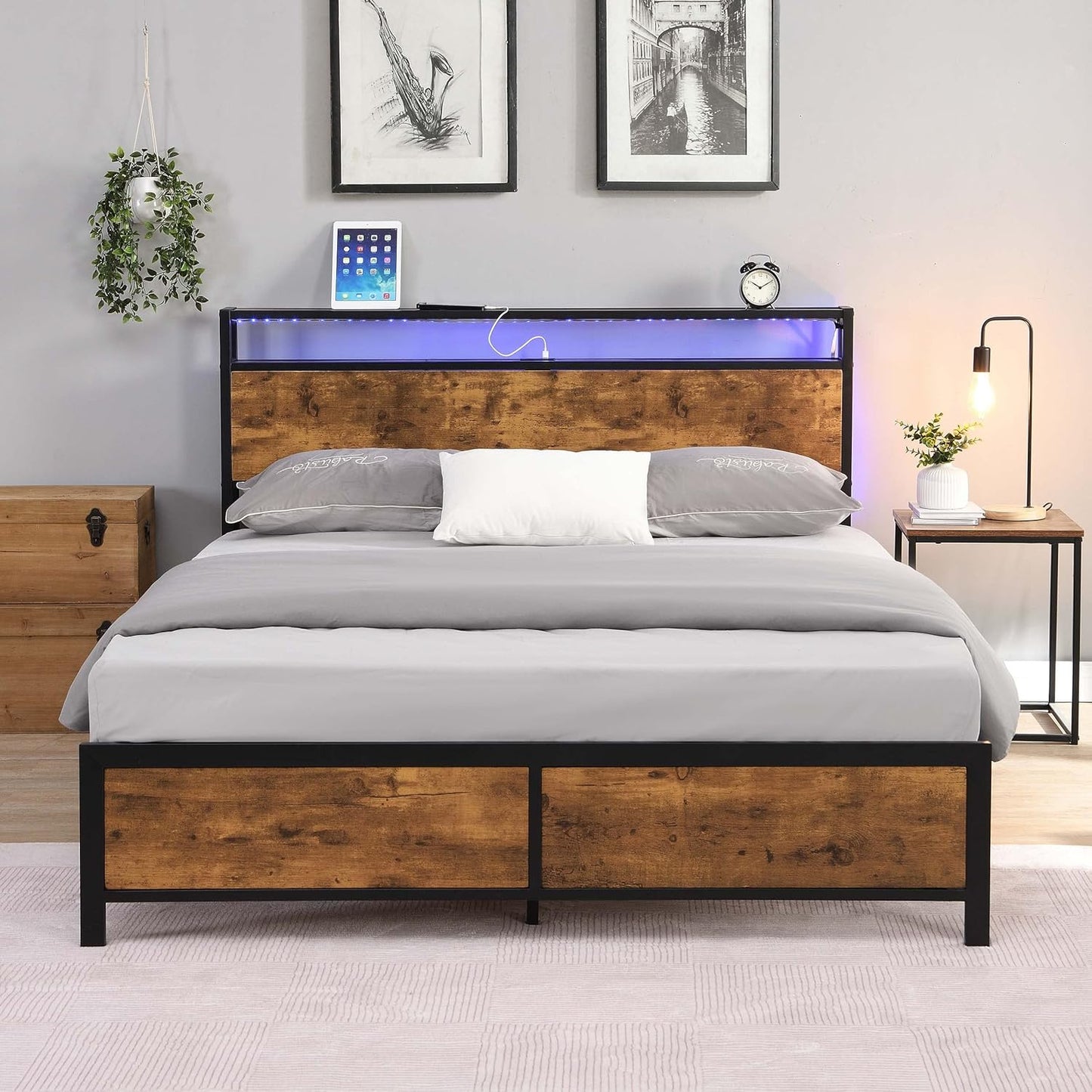 Full Size Platform Bed with LED Lights and USB Ports for Comfort
