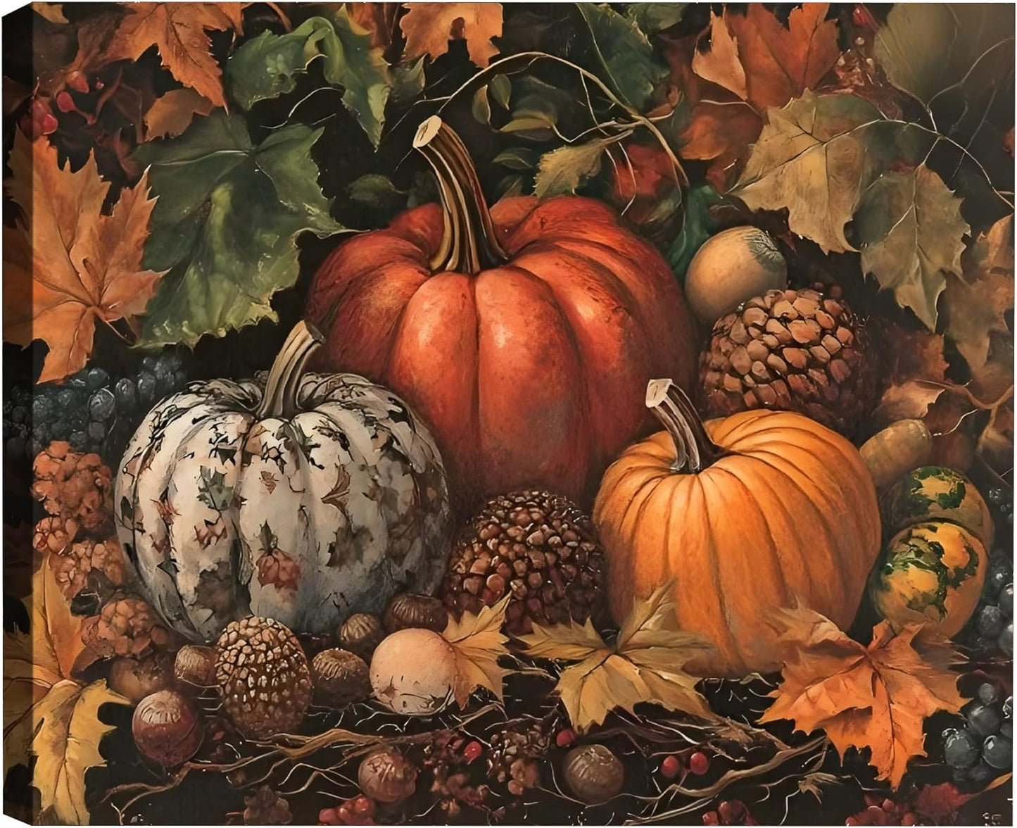 Vintage Framed Wall Art Colorful Pumpkin Autumn Painting
