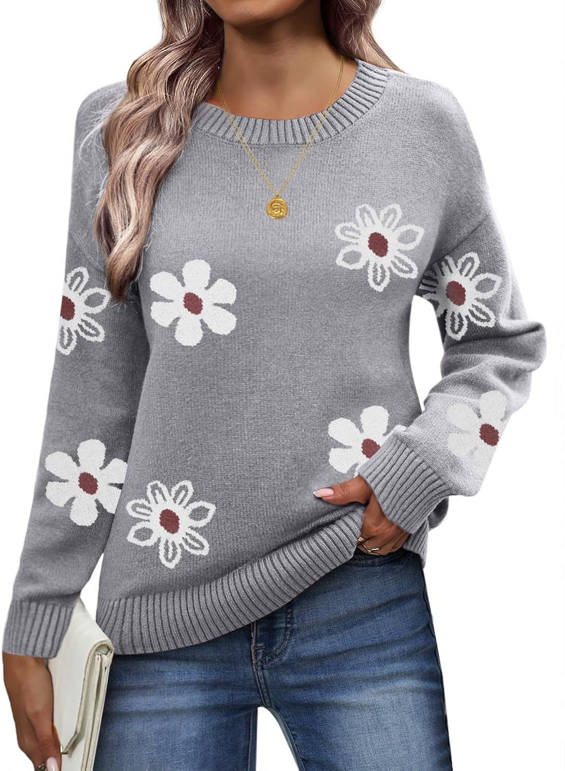 Cozy Long Sleeve Crewneck Knit Pullover Sweater for Women