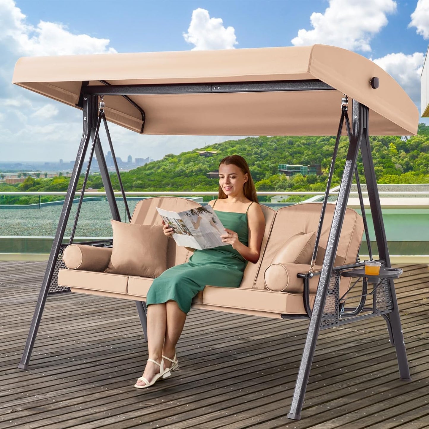 3 in 1 Outdoor Porch Swing with Adjustable Canopy for Relaxation