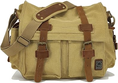 Sechunk Vintage Military Leather Canvas Laptop Bag Messenger Bags