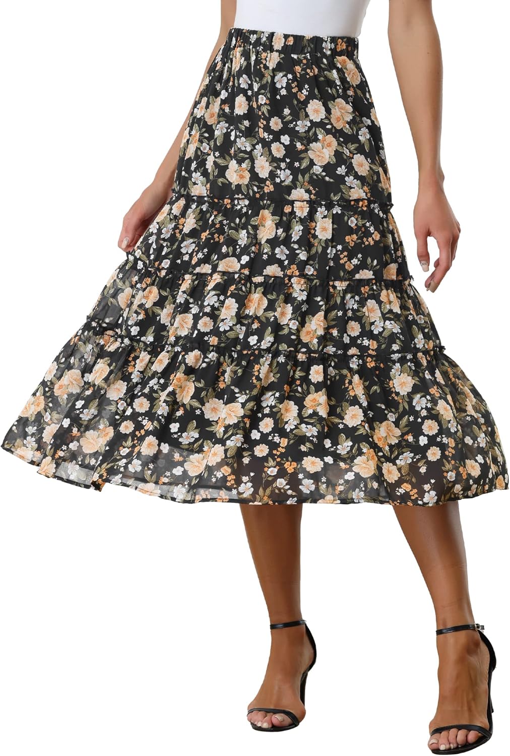 Allegra K Women's Floral Chiffon A-line Midi Skirt for Summer