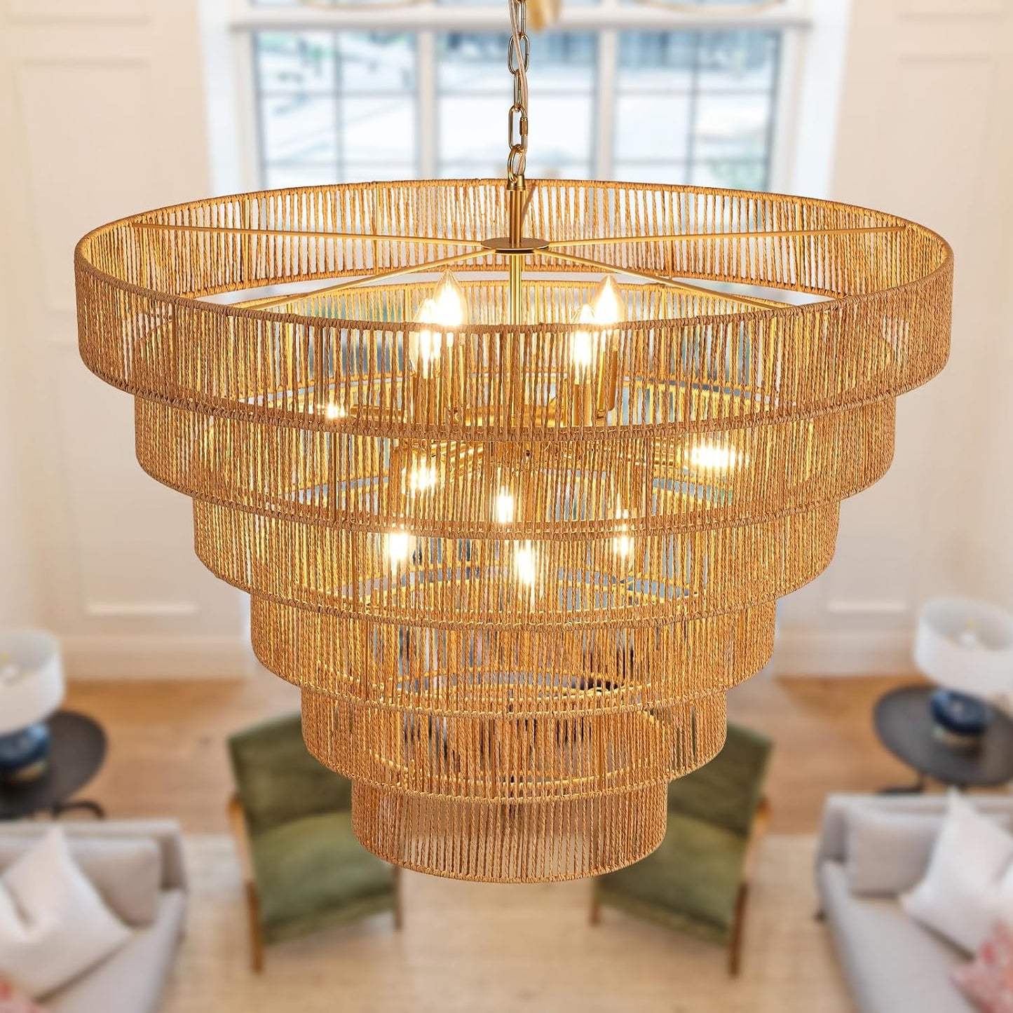31.49 in Large Rattan Chandelier for Vintage Farmhouse Style